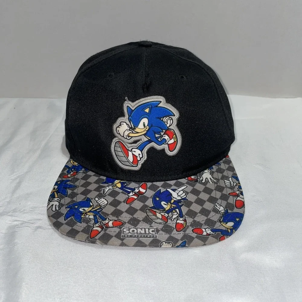 Sonic the Hedgehog Youth Snapback Hat Black Checkered‎ Brim SEGA Boys Cap OSFM